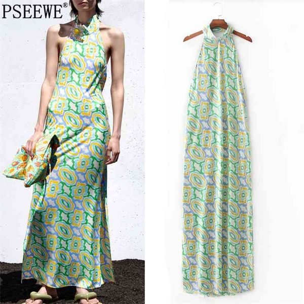 

dress woman green print halter long women vintage backless maxi summer es beach party es 210519, Black;gray