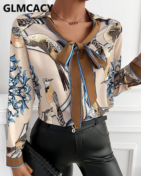 

women graphic print tie neck long sleeve blouse women's blouses & shirts, White