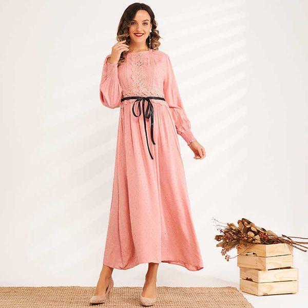 

casual dresses summer fashion women's long-sleeved round neck jacquard lace stitching high-waist slim-fit long sweet and versatile, Black;gray