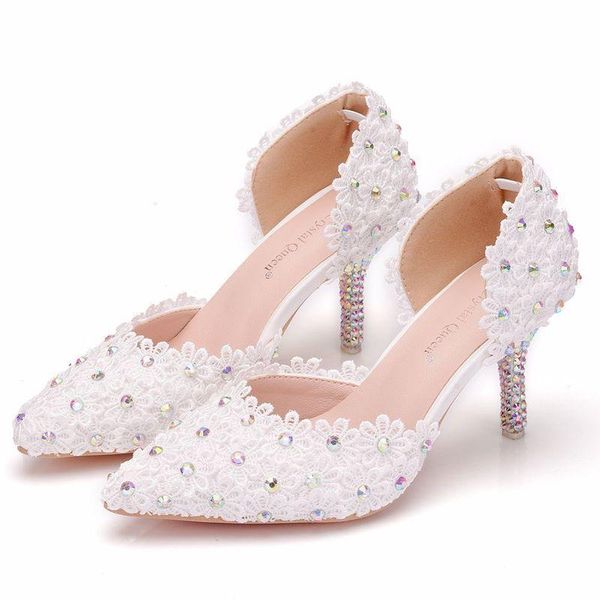 

women sandals wedding party lace pu rhinestones slip on 7.5cm thin high heels pointed toe sandal shoes 2021 size 35-42, Black