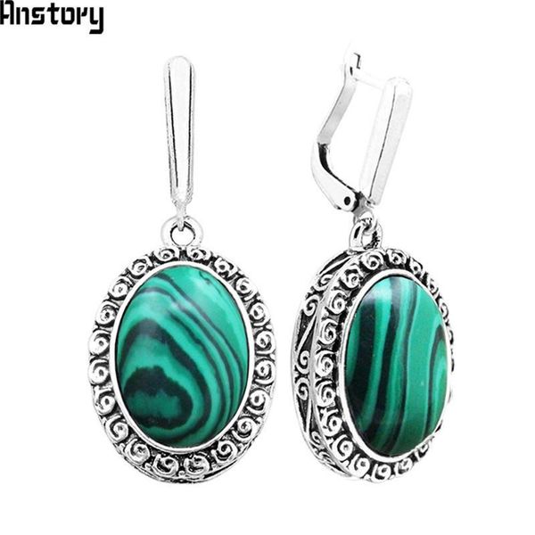 

dangle & chandelier big oval flower pendant malachite earrings for women antique silver plated party fashion jewelry te391
