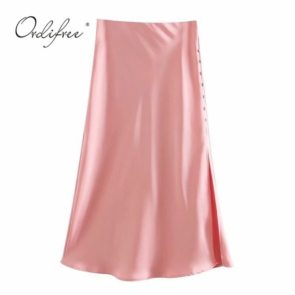

summer women satin skirt hight waist side slit botton office lady elegant silk midi 210513, Black