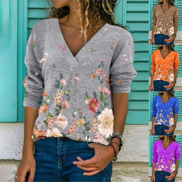 

spring and 2021 summer women's v-neck pullover printed long sleeve t-shirt, White