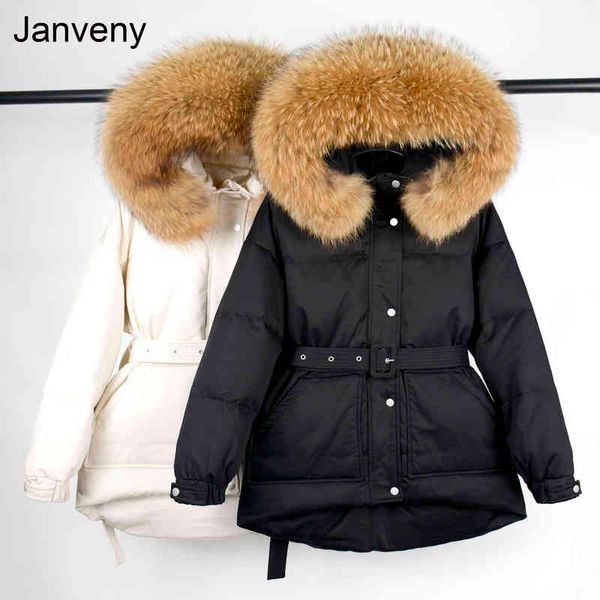 

janveny women's down jacket winter large natural raccoon fur hooded 90% white duck down coat thick women parkas female outwear 211130, Black