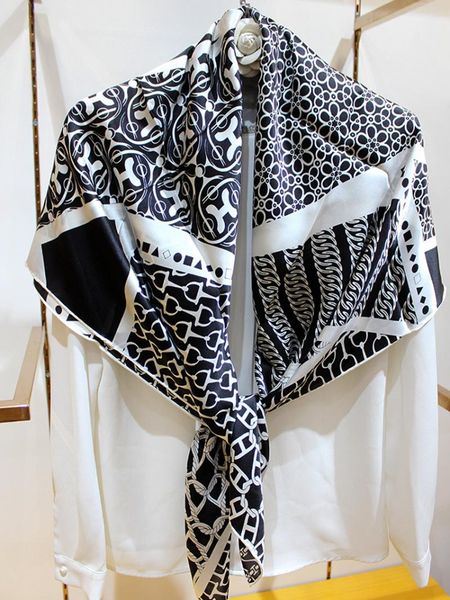 

scarves high-end elegant women's fashion classic black-white mosaic design quality plain satin silk hand-rolled edge large scarf shawls, Blue;gray