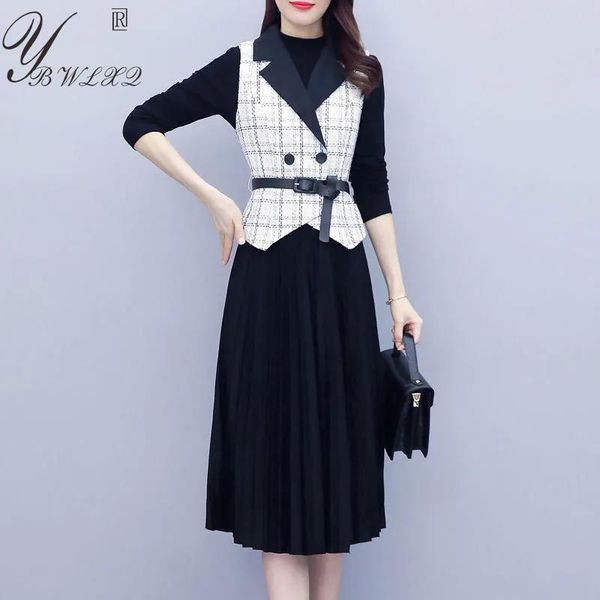 

casual dresses vintage women two piece long sleeve dress autumn tweed plaid vest and folds a-line suits korean chic female midi, Black;gray