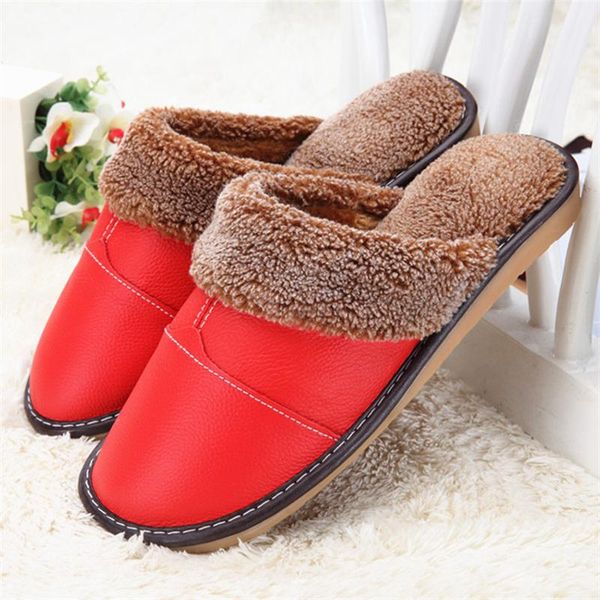 

slippers autumn winter women genuine leather home house indoor non-slip thermal shoes men warm furry, Black