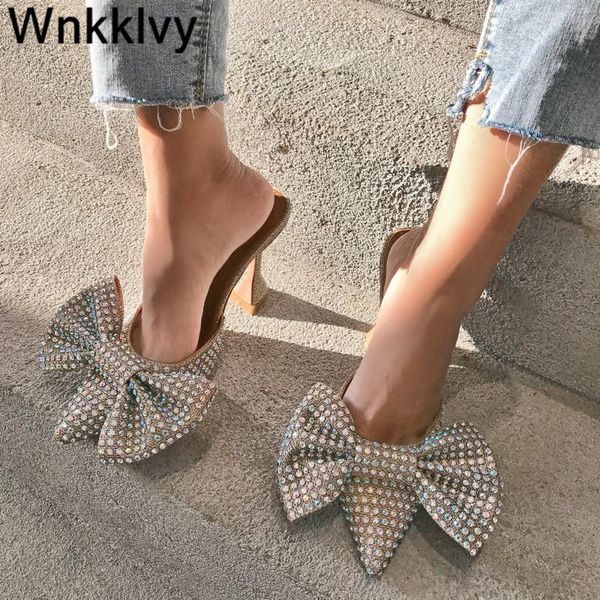 

slippers women summer dress shoes bling crystal bow knot strange cup high heel pointed toe rhinestone sandals, Black