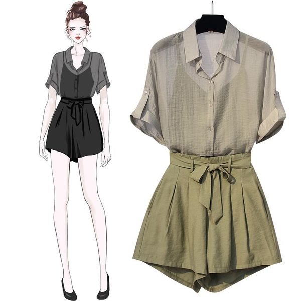 

women's tracksuits plus size women summer three pieces set elegant korean suits chiffon blouse and wide leg shorts loose suit 2 piece s, Gray