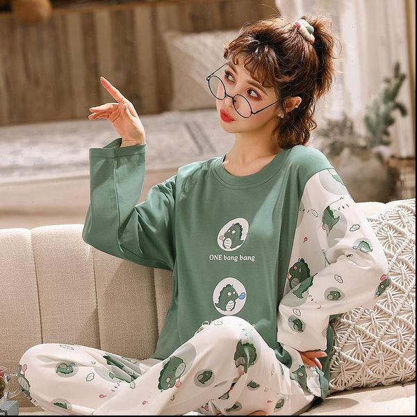 

autumn winter cute cartoon womens sleepwears little dinosaur pajama set long sleeve round neck sleepwear green stitching female home clothes, Black;red