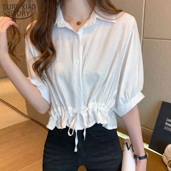 

blusas mujer summer korean short sleeve purple female simple fashion drawstring polo collar woman's blouses 10085 210508, White