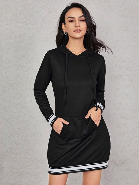 

striped trim drawstring hooded dress o1lx#, White;black