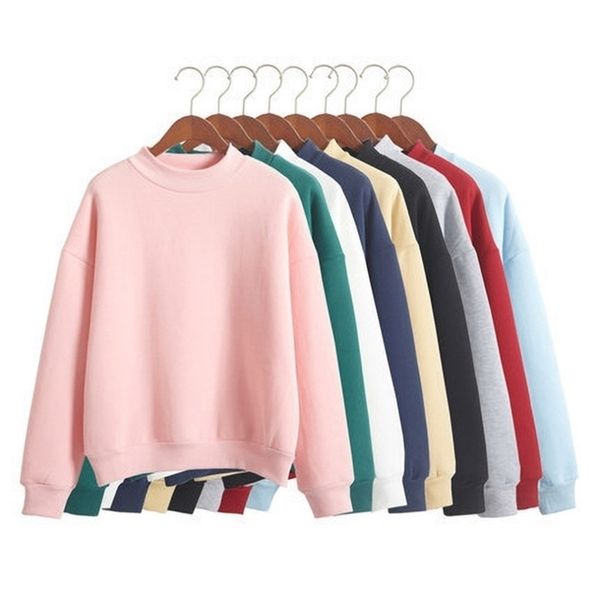 Mulher Moletons Coreano Coreano O-pescoço Thulso Pullovers Grosso Outono Inverno Candy Color Hoodies Loose Solid Womens Roupas 211104