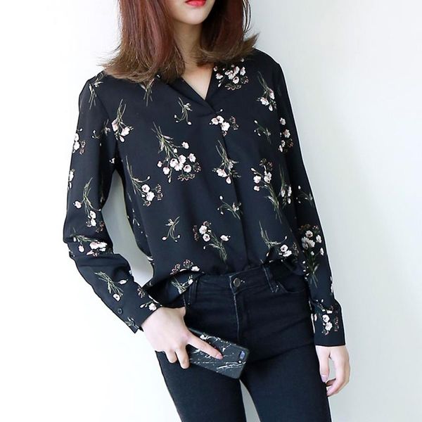 

women's blouses & shirts plus size 2021 spring women loose full sleeve chiffon print slim v-neck blouse shirt 6227, White
