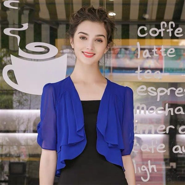 

women's blouses & shirts women kimono chiffon short cardigan summer puff sleeve casual sun protection clothing 10 color, White