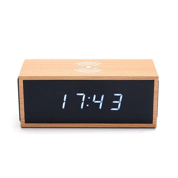 

wall clocks bluetooth audio electronic clock wooden rectangular digital wireless charging alarm