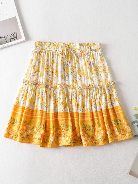 

style women fashion floral print skirt ladies summer casual short beachwear elastic waist skirts, Black