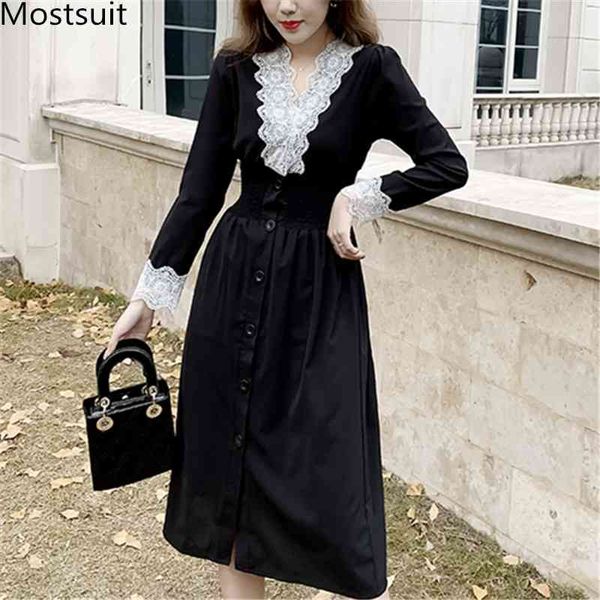 

black vintage lace patchwork long dress women sleeve v-neck a-line dresses single-breasted fashion ladies vestidos 210518, Black;gray