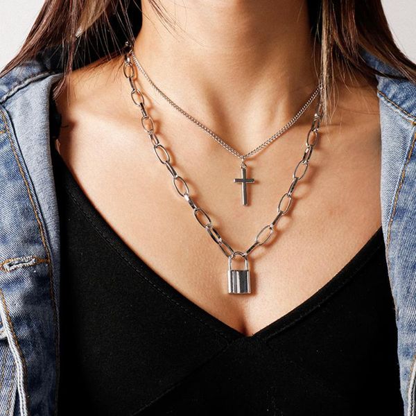 

lock necklace cross pendant necklace, sliver long chain adjustable punk multilayer choker jewelry for women men necklaces, Silver