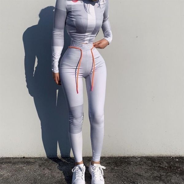 

long sleeve cropslim outfit womens pants tracksuit 2pcs set letter print high elastic skinny leggings female sportswear, White