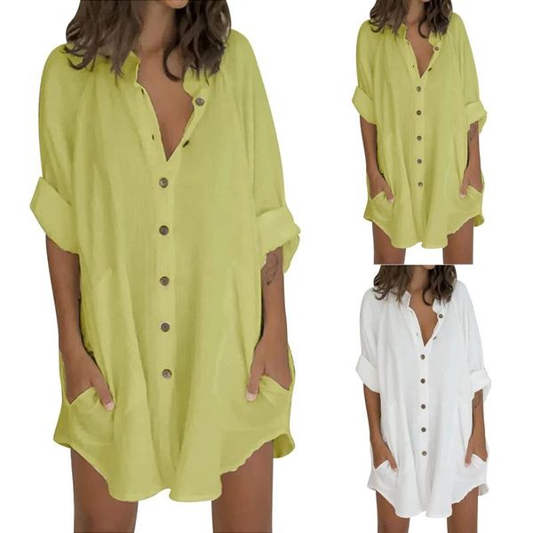 

casual dresses women linen shirt button down blouse long tunic plus size with pocket woman dress 2021 spring summer vestidos mujer, Black;gray