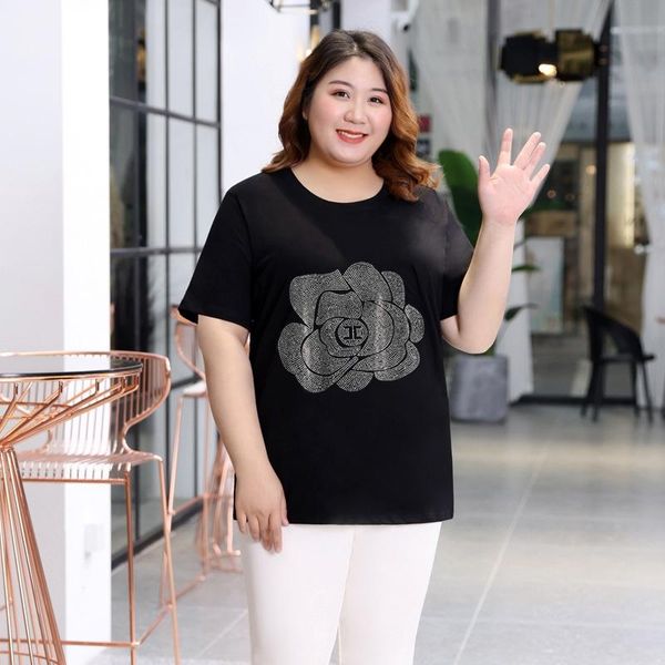 

plus size t-shirt summer fashion loose 5xl short-sleeve for women casual personality flowers pattern diamond female, Black