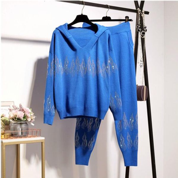 

women's two piece pants autumn blue black knitted outfits women tracksuits diamond hooded pullover sweater pencil set female loose, White