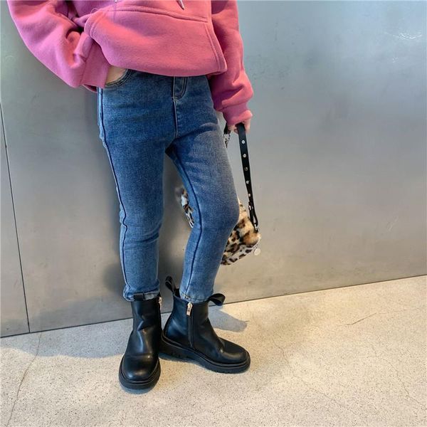 

jeans dfxd fashion winter toddler clothes girls solid color elasticity slim denim pant plus velvet thicken skinny pencil pants, Blue