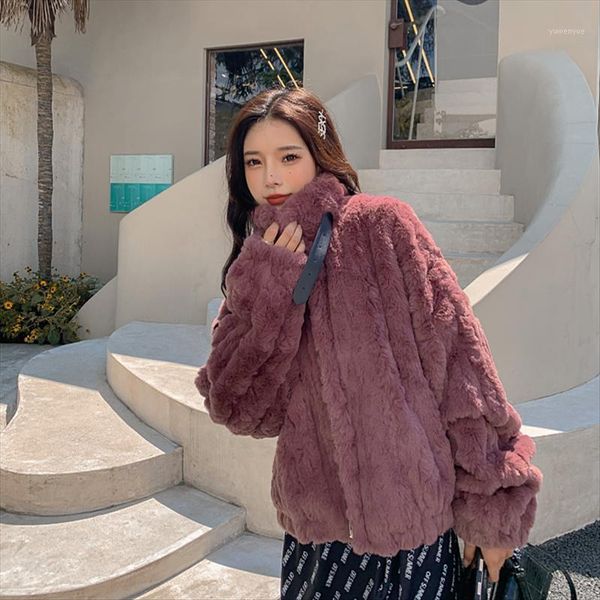 

women's fur & faux autumn winter warm outwear solid plush coat korean stand collar long sleeve loose casual female short outerwear, Black