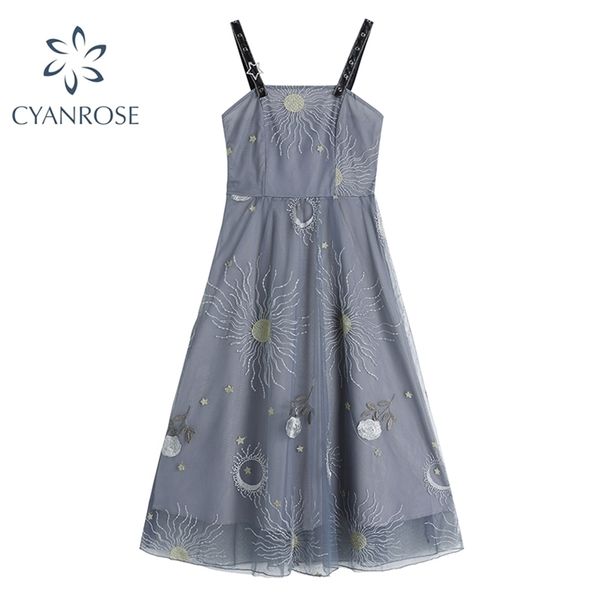 Dunst Blue Star Moon Stickerei Kleid Französisch Retro Spaghetti Strap Lange Kleider Frauen Sommer Mesh Garn Backless Dünne Vestiods 210515