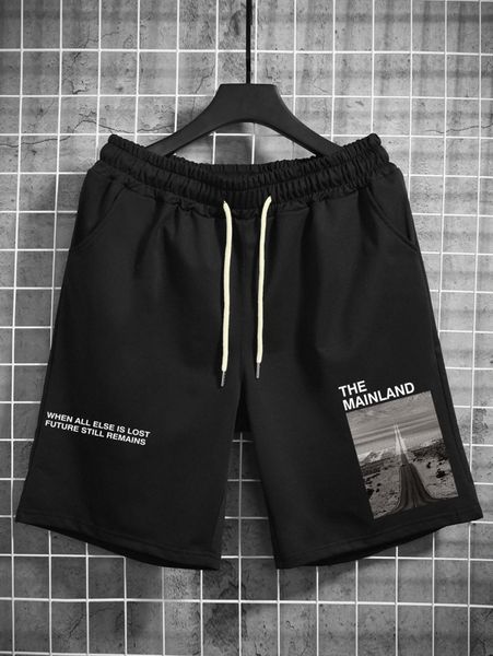 

men road & slogan graphic drawstring shorts d0hp#, Black