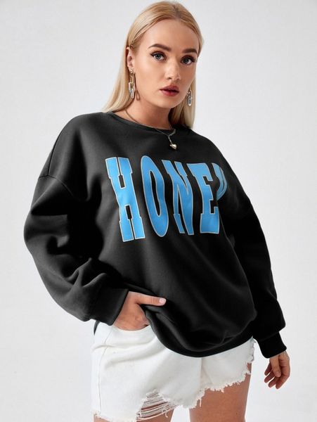 

plus drop shoulder letter graphic pullover 68rs#, Black
