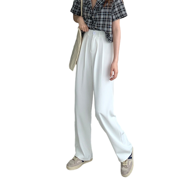 

women's pants & capris youth suit office ladies wide leg cotton formal high waist straight elegant slim trousers, Black;white
