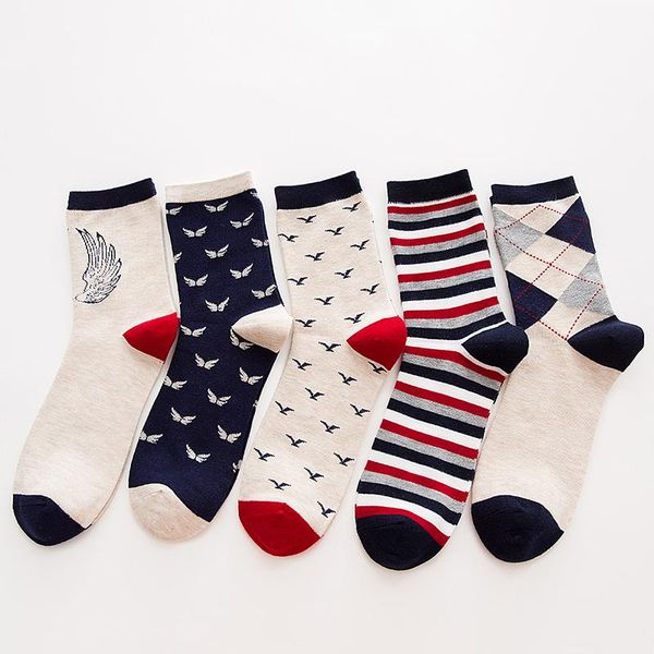 

men's socks 5 pairs classic men business cotton 4 seasons stripe leaf feather crew male casual breathable high quality, Black