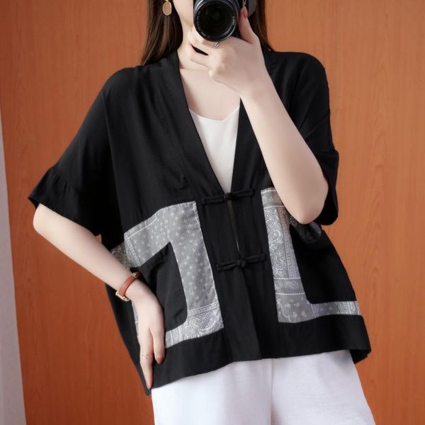 

women's blouses & shirts bask in clothes cardigan female summer loose fat mm printing plate buckles brim v-neck shirt, coat big yards d, White
