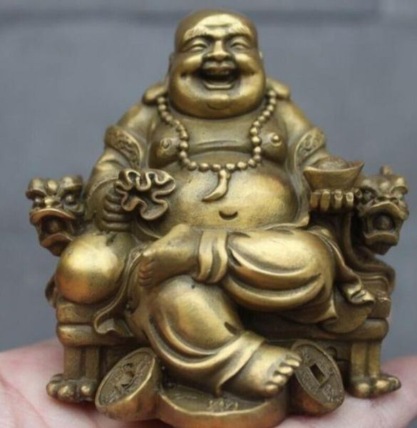 Arte, chinês, latão, cobre, esculpido, dragão, cadeira, yuanbao, maitreya, buddha, estátua