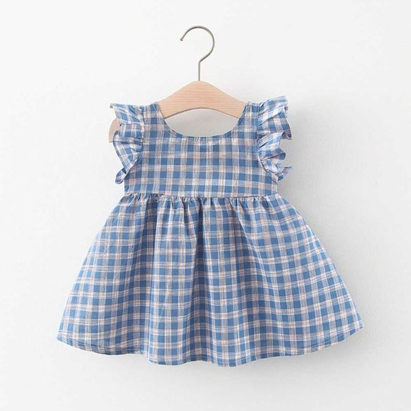 2021 sommer Neueste Baby Kleidung Kleinkind Kinder Mädchen Ärmellose Gitter Blau Prinzessin Kleider Für Geburtstag Party Q0716