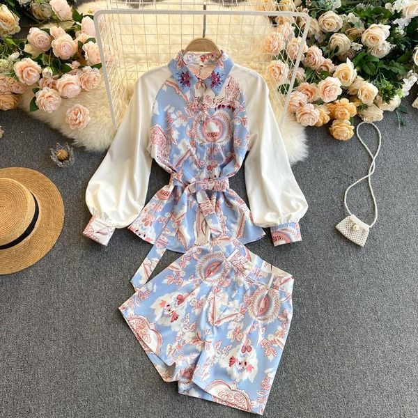 

women's tracksuits singreiny women spring retro print blue suits turndown-collar puff sleeve button belt +wide leg short pants two piec, Gray