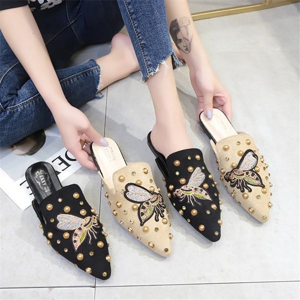 

womens shoes summer new style european and american rivet baotou half drag pointed flat bottom lazy fashion muller shoes1, Black
