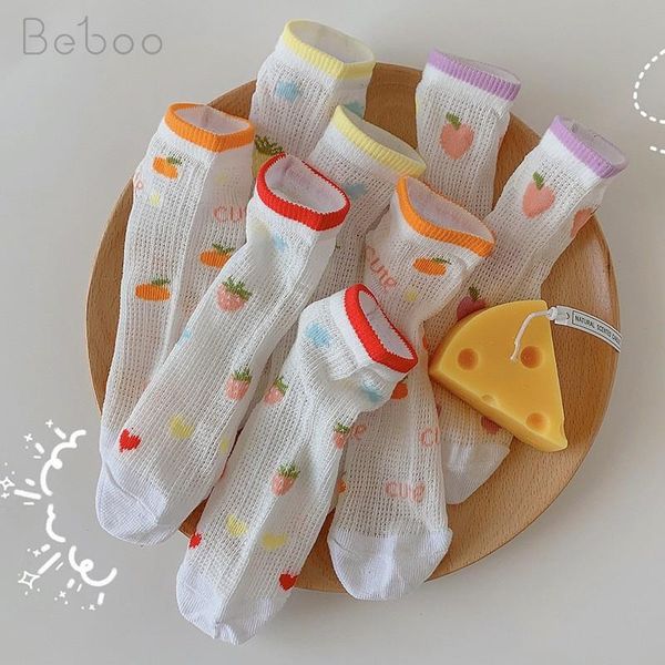

socks summer girls mesh ice silk breathable korean style children's fashion cute cartoon cotton thin, Pink;yellow