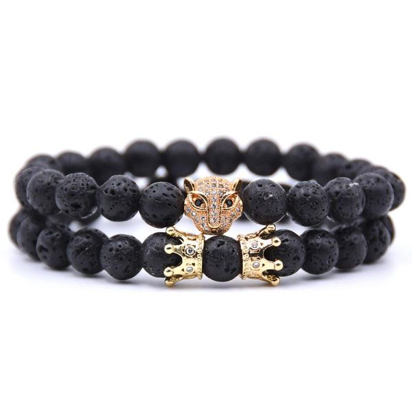 

charm bracelets hyhoney 2pcs/set classic volcanic stone pave cz leopard head charms for women&men bracelet jewelry gifts pulseras moda, Golden;silver