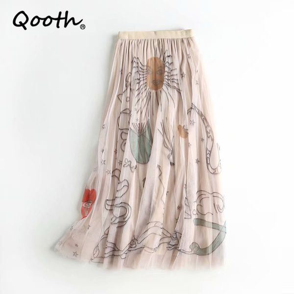 

qooth fairy printed floral high-waist a-line mesh skirt thin pleated mid-length sweet skirt elastic waist lining skirt qt703 210518, Black