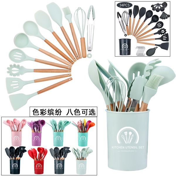 

silicone with 1 set wooden handle, 12 sets of kitchen utensils in barrel
