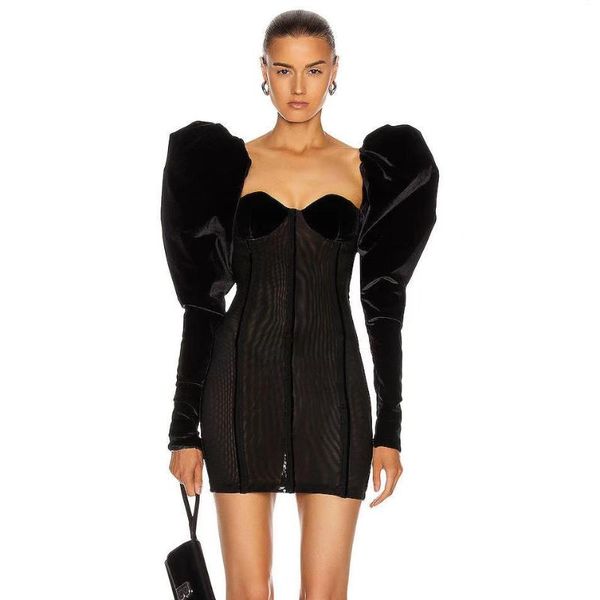 

autumn off shoulder full sleeves mesh min bandage dress night club party vintage casual dresses, Black;gray