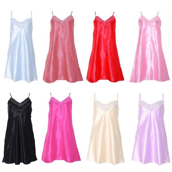 

women's sleepwear women ice silk cool nightgown pyjamas v neck nightwear, Black;red