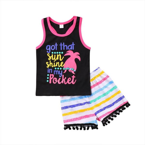 

summer kids girls clothing set baby girl sleeveless tank colorful striped tassel shorts clothes outfit, White