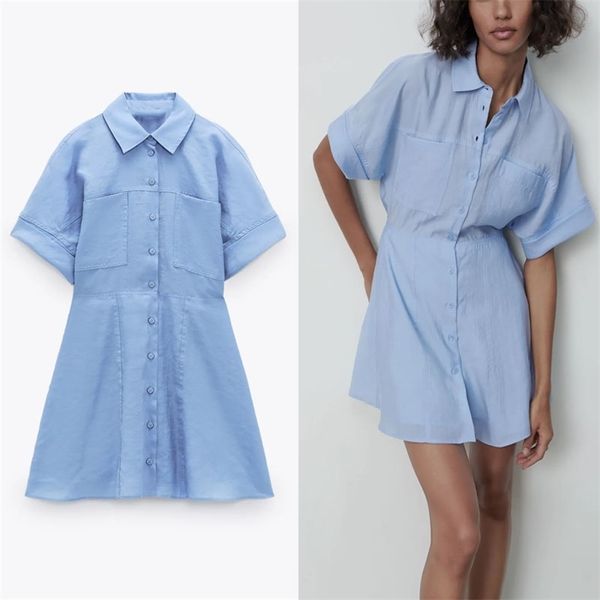 

blue summer shirt dress women short sleeve patch pockets pleat casual mini female chic button up elastic es 210524, Black;gray