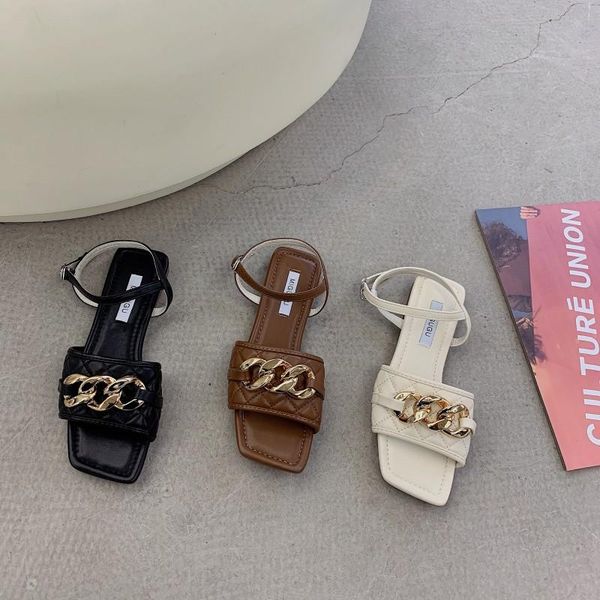 

trendy metal chain gladiator sandals women slippers summer beach shoes woman sandales retro square toe flat sandalias mujer 2021, Black