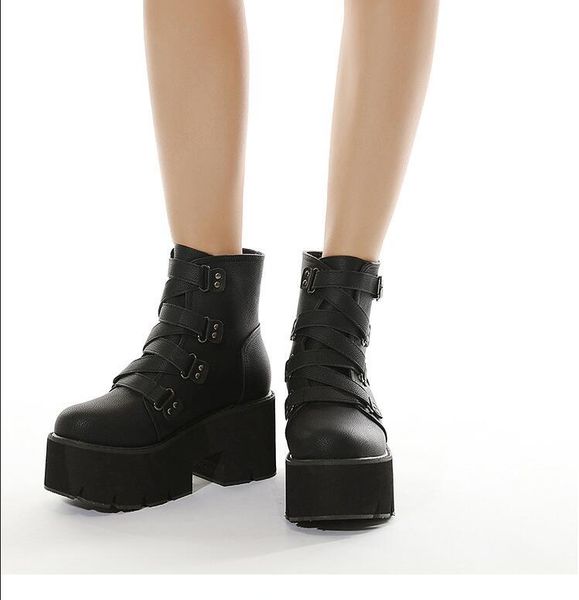 

boots spring autumn ankle women platform rubber sole buckle black leather high heels shoes woman comfortable