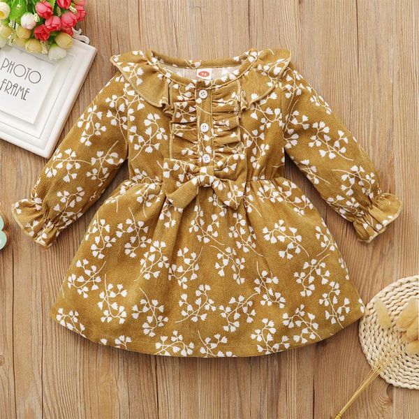

girl's dresses baby herfst jurk, meisjes bloemen ruches ronde-hals lange mouw knoppen rok voor peuters, 0-24 maanden, Red;yellow